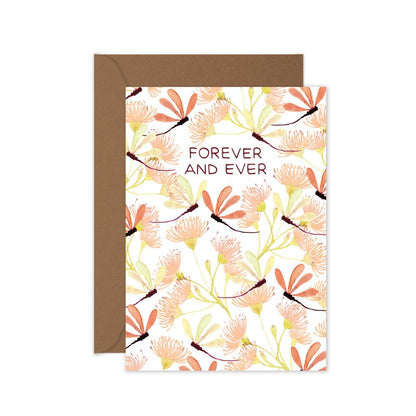 Greeting card with floral and dragonflies design with 'Forever and Ever' text, brown envelope.