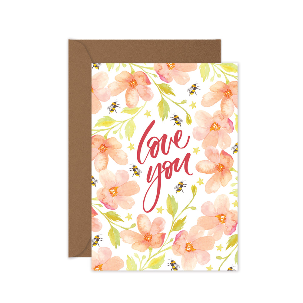 pink floral bees love you greeting card
