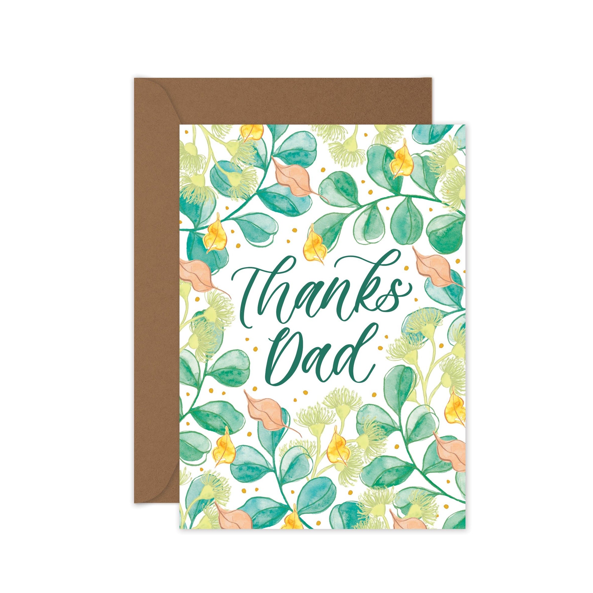 Father's Day greeting card with 'Thanks Dad' text and floral design on a white background