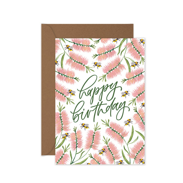 happy birthday pink bottlebrush flowers greeting card