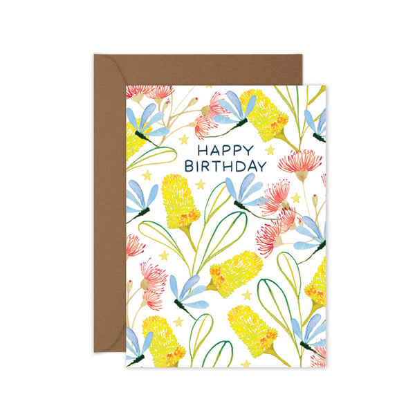 Happy birthday banksia dragonfly greeting card