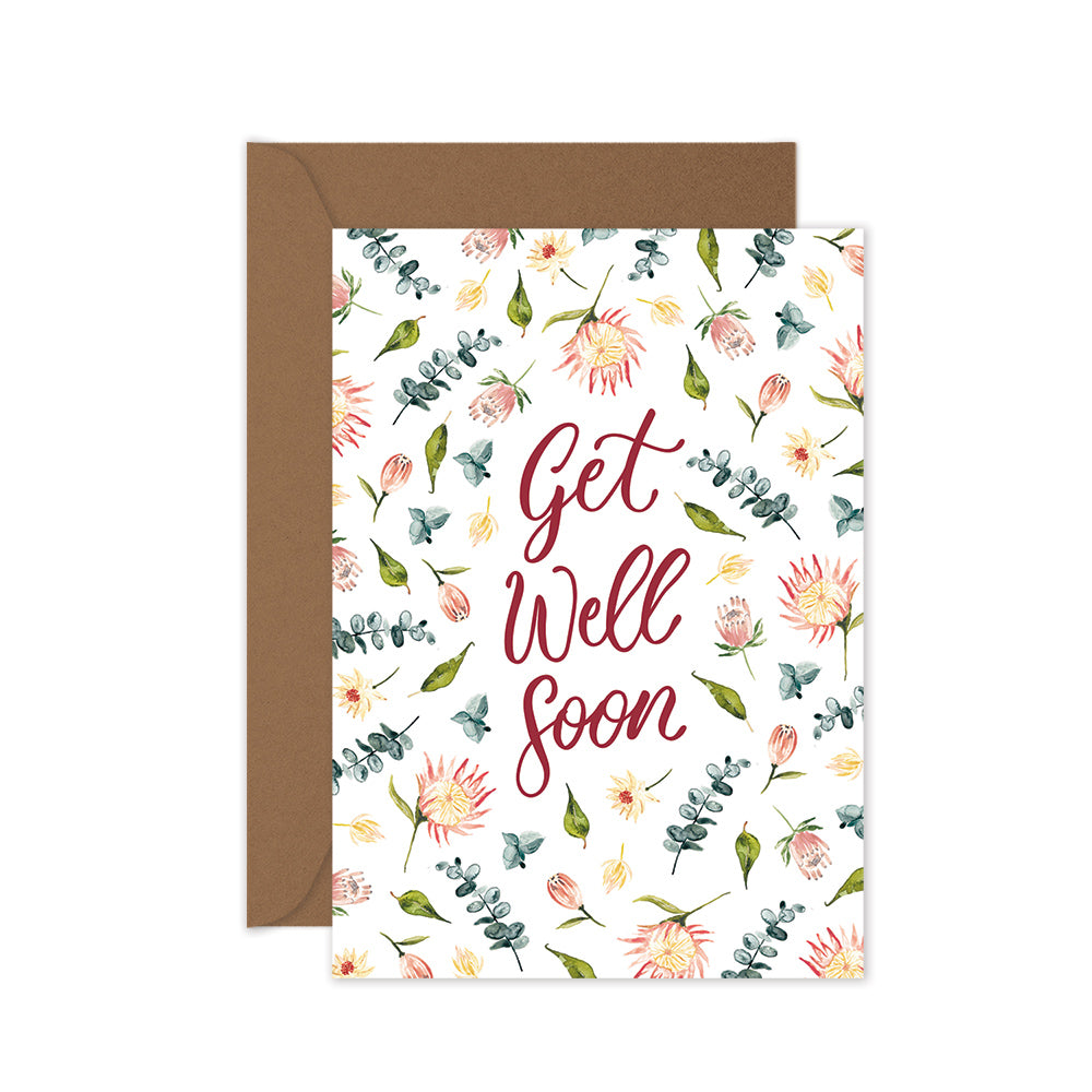 pink king protea get well soon sympathy card