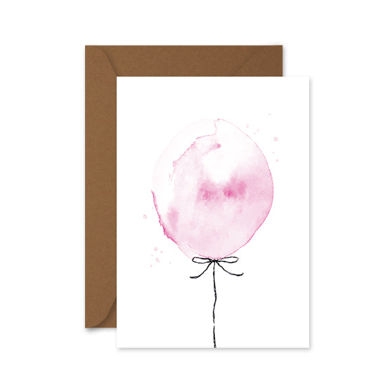 Pink balloon watercolour illustration and brown envelope on a white background