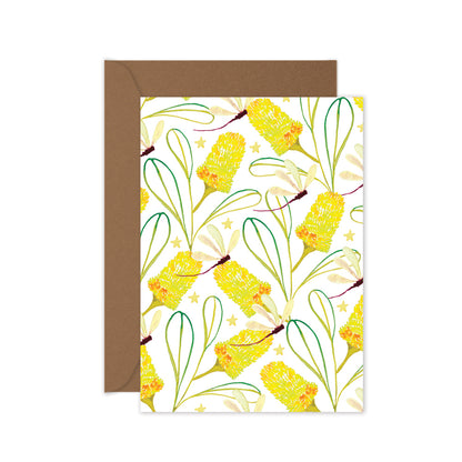 yellow banksias with dragonflies everyday Australian greeting card