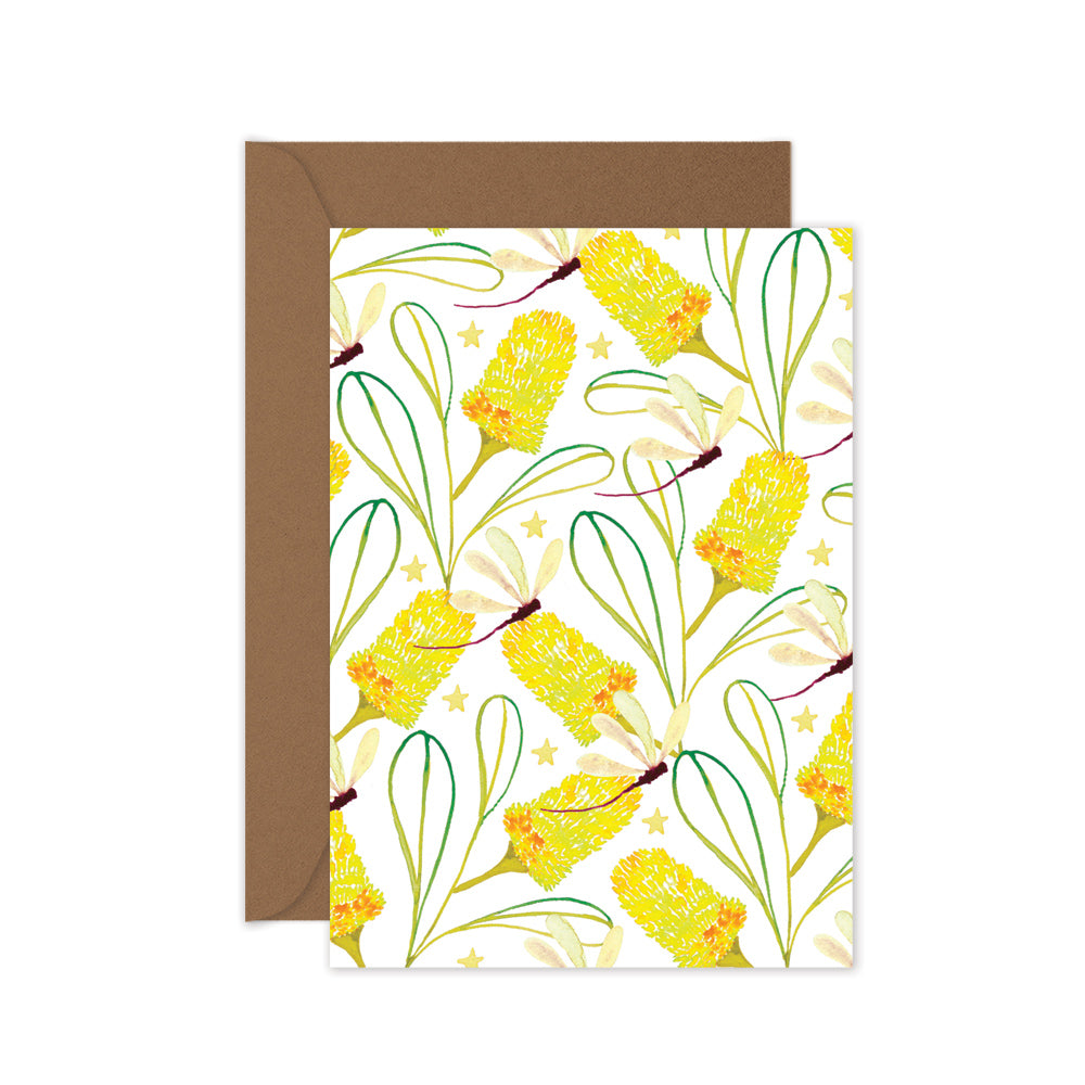 yellow banksias with dragonflies everyday Australian greeting card
