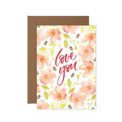 pink floral bees love you greeting card
