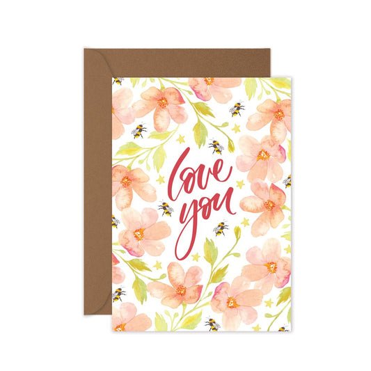 pink floral bees love you greeting card
