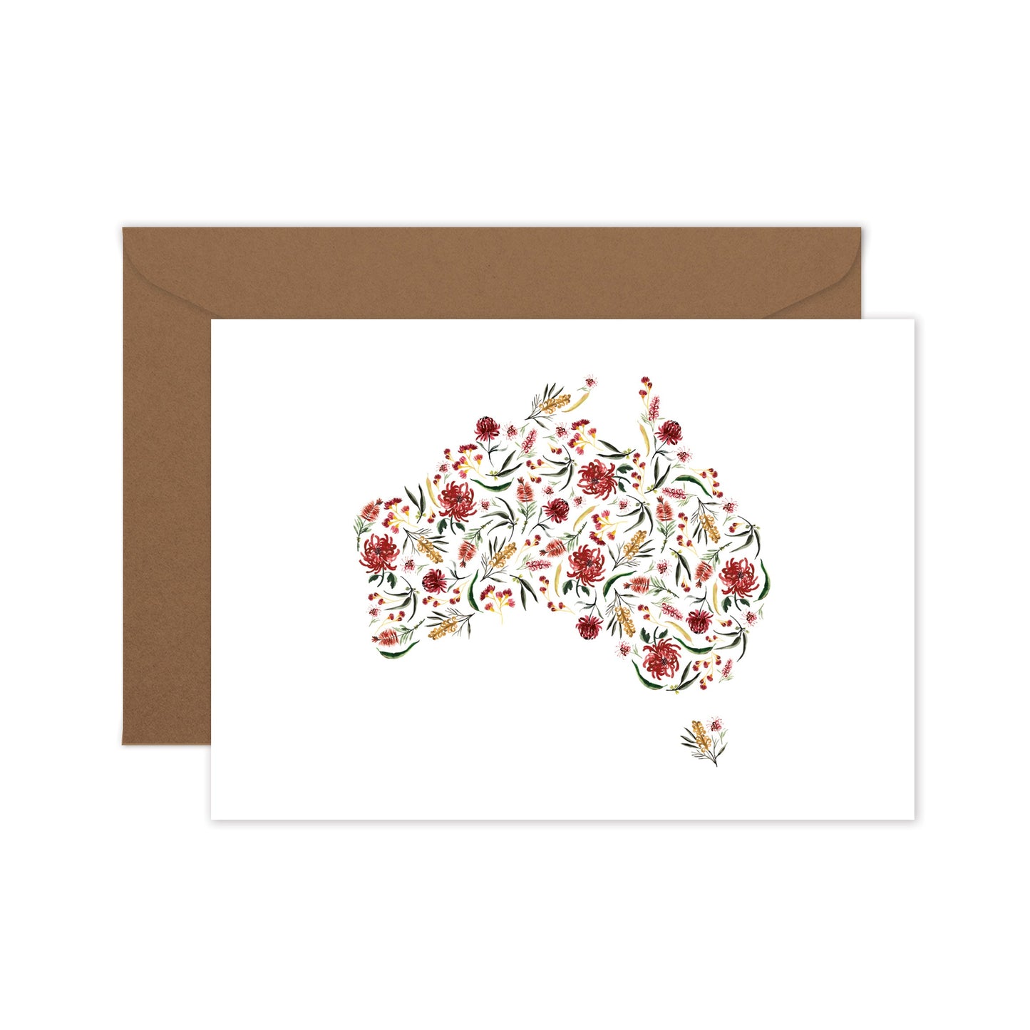 Greeting card with Australian native flowers arranged in Australia map shape, with brown kraft envelope.